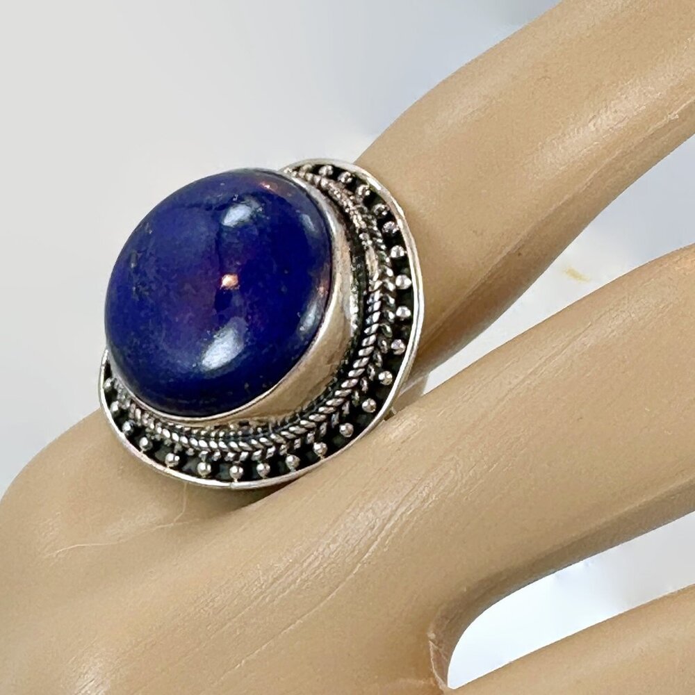 Vintage Lapis Lazuli Sterling Silver Ring - Size 7.5, Ethnic Style